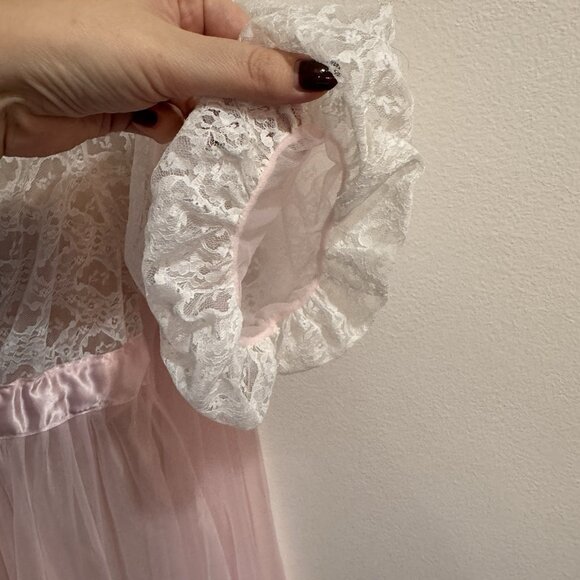 Vtg 50s 60s Nightgown Robe Set M Slip Chiffon Lace Satin Peignor Pink Lingerie - Picture 10 of 13
